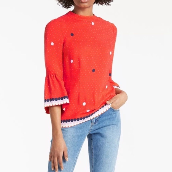 Boden Tops - Boden Women's Armelle Red Dot Blouse, 3/4 Length Sleeve, Mock Neck, Size 2